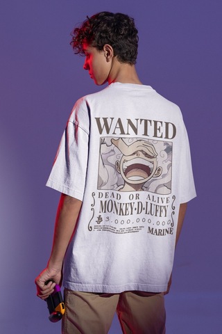 Wanted Monkey D. Luffy Sırt Baskılı Unisex Oversize One Piece Ani Beyaz