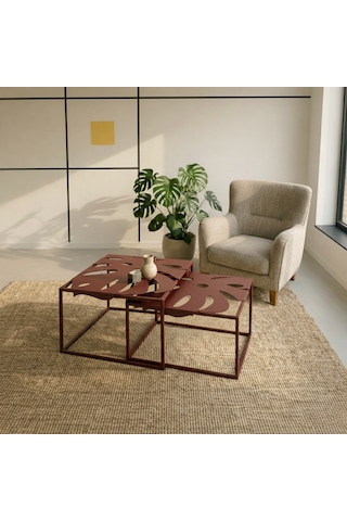Monstera Yaprak Formlu 2 Li Metal Orta Sehpa Modern Zigon Sehpa Seti Bordo