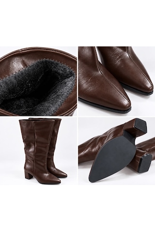 Dabab Shoes Mıressa Kadın Acı Kahve Kırışık Yarı Rugan Cilt Sivri Burun Geniş Baldır 6 Cm Kalın Topuklu Uzun Çizme Kahverengi