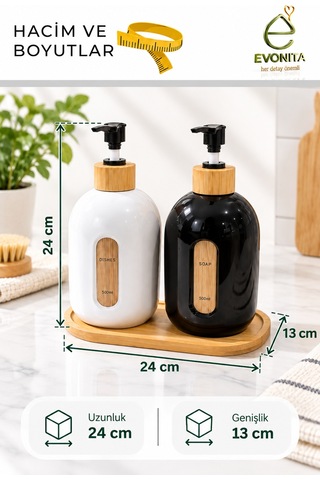 Evonıta 2 Li 500 Ml Bambu Detaylı Sıvı Sabunluk Ve Deterjanlık Seti Siyah Beyaz Pompalı Dispenser Bambu Standlı Beyaz - Siyah