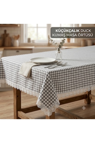 Küçükçalık Duck Kumaş Gri Kareli Dantelli Masa Örtüsü Küçükçalık Duck Kumaş Gri Kareli Dantelli Masa Örtüsü