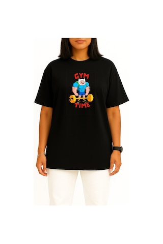 Bahriyeli Collection Oversize Adventure Time Gym Fitness Göğüs Baskılı Unisex T-shirt Siyah
