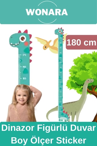 Özel Üretim Çocuk İçin Dinazor Figürlü Çift Taraflı Yapışkanlı Silinebilir Duvar Boy Ölçer Sticker