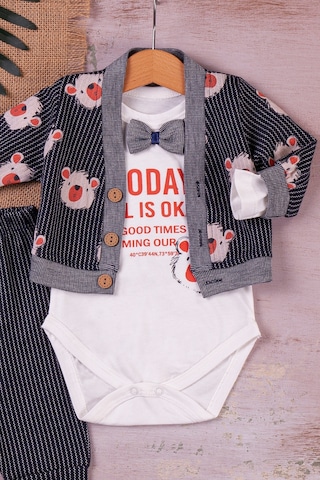 Papyonlu Bear Çizgili Model Ceketli 3'lü Erkek Bebek Takımı Siyah