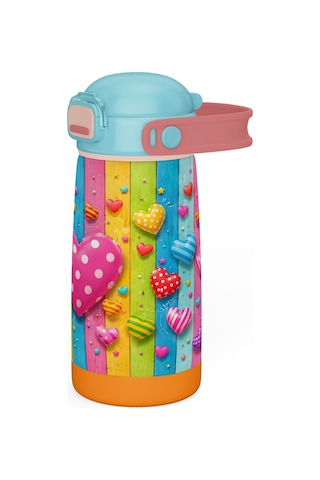 Puccon 420 Ml Paslanmaz Çelik Kız Çocuk Okul Termosu-matarası - 60015 - Pembe Kalp Desenli Pembe - Turkuaz