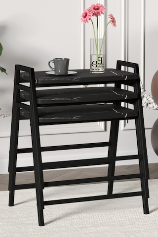 Zigon Sehpa , Aden 3'lü Tepsi Zigon Sehpa Takımı Siyah Metal - Siyah Mermer Tabla Siyah-siyah Mermer