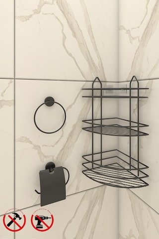 Alper Banyo Yapışkanlı Siyah 3 Katlı Banyo Rafı EK03 Lotus Kapaklı Kağıtlık Halka Havluluk Siyah