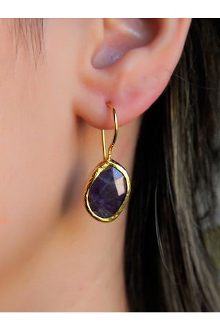 Doğal Taş Ametist Taşı Kadın Doğal Taşlı Küpe Gold Euku3ag Mor