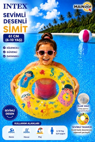 Mainshop Intex Şeffaf Baskılı Çocuk - Deniz Simidi 61 Cm 6-10 Yaş - Renkli Yüzme Simidi M-59242
