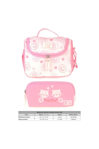 Calacilo Kedi Baskılı Kız Çocuk Pembe Renk Beslenme Çantası Ve Kalemlik Seti - Setcc-c4039 Pembe - Krem