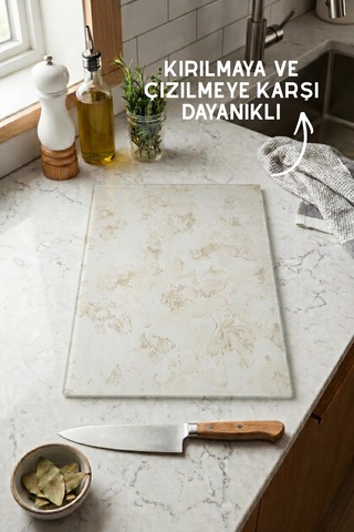 Nora Model İnce Mermer Desenli Cam Kesim Tahtası - 25x35cm - Dayanıklı Ve Pratik Kesim Matı Ekru