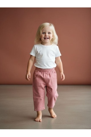 Zekids Kız Bebek Yumuşak Dokulu Cep Detaylı Beli Lastikli Pantolon-16522 Gül Kurusu