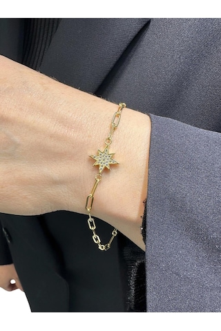 MaGold İtalyan Ataç Zincir Kutup Yıldızı Çok Şık Altın Bileklik Altın Sarı Altın