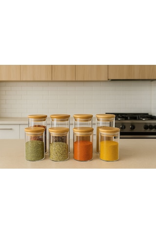 8 Lı Baharatlık Setı 70 X 100-70 X 150-bambu Kapak-cam Baharatlık-300 Ml-500ml Beyaz