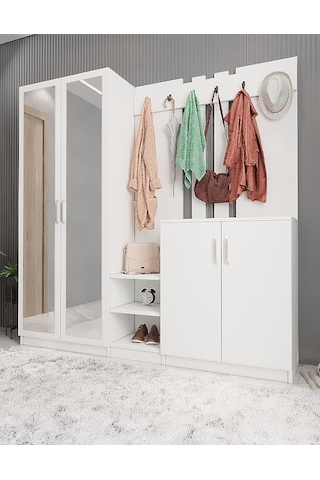 Flora Aynalı Portmanto Vestiyer- Beyaz 225 cm