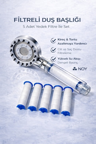 Filtreli Duş Başlığı 5 Yedek Filtre Su Arıtmalı, Klor Ve Kireç Önleyici, Yüksek Basınçlı Beyaz
