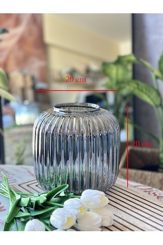 Cam Dekoratif Çizgili Vazo Füme