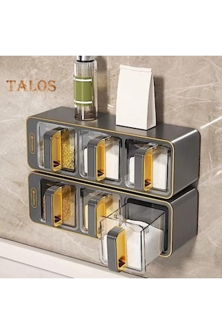 Createtech Gri Beyaz Duvar Montajlı 3 Kaşık Baharat Çeşni Yumruklu Tuz Şeker Depolama Kavanozu Beyaz - Gri