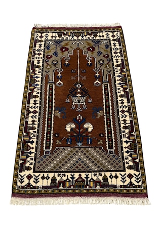 El Dokuma Kök Boya Seccade Yahyalı 84x140 Yün Kahve Namazlık