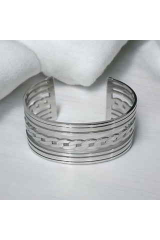 Kadın Çelik Ortası Zincir Detaylı Kalın Kelepçe Bileklik Gümüş Renk Çelik