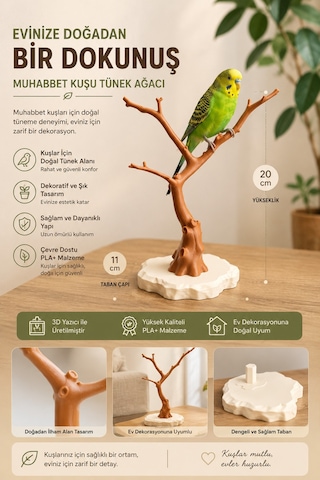 Doğal Dal Tasarımlı Muhabbet Kuşu Tünek Ağacı Dekoratif Kuş Tüneği Pla+ 3d Baskı 20 Cm