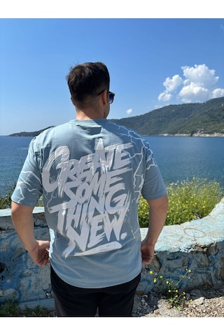 Erkek Bisiklet Yaka Oversize Baskılı T-shirt Turkuaz