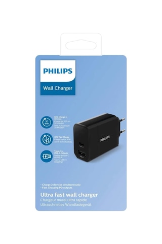 Philips Uyumlu Dlp2621/12 Usb-A Type-C 30W Şarj Adaptörü Siyah