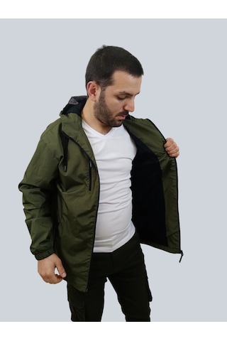 Erkek Kapüşonlu File Detaylı Haki Yağmurluk Haki