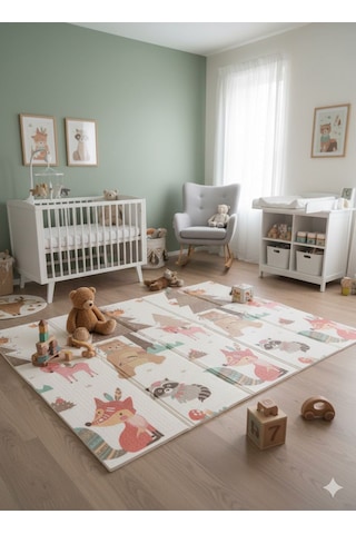 Katlanabilir Çift Taraflı Eğitici Çocuk Oyun Matı, Halısı 180x150 Taşıma Çantalı - Ayı