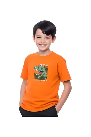T-rex Baskılı Erkek Çocuk Kısa Kollu Tişört Turuncu