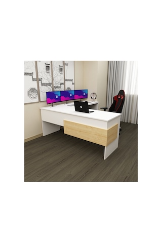 Sell 180 Cm L Çalışma Masası Ofis Masası Oyuncu Masası Beyaz - Safir Meşe Beyaz - Safir Meşe