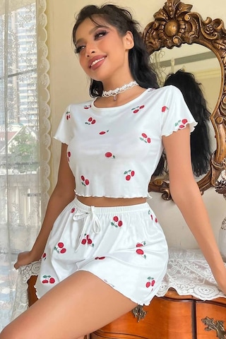 Merry See Örme Yumuşak Kısa Kol Kiraz Basklı Sortlu Pijama Takımı 001