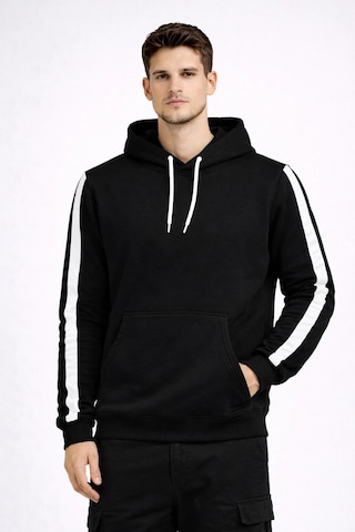 Barlashive Erkek Şeritli Kapüşonlu Sweatshirt Oversize 3 İplik Pamuklu Hoodie - Siyah Çok Renkli