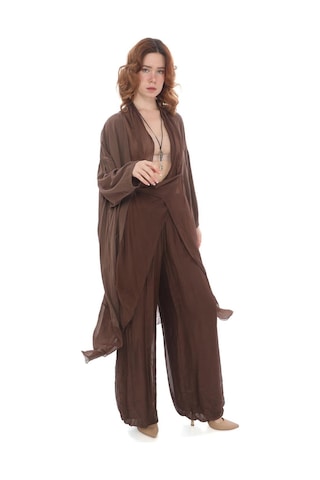 Bohem Stil Italyan Ipek Detaylı Oversize Kap Bluz- Wes Pantolon Takım-8789 Kahverengi