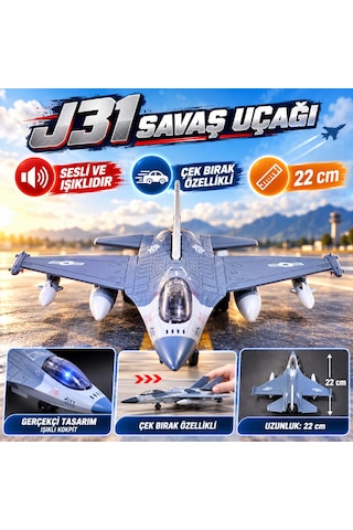 Oyuncak Uçak Fighter Power J31 Gri Renkli Sesli-ışıklı Metal Gövde Çek-bırak Askeri 21 Cm