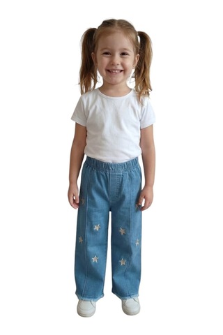 Erdem Kıds Kız Çocuk Pamuklu Beli Lastikli Jean Pantolon Günlük Rahat Kalıp Geniş Bol Paça Kot Pantolon Buz Mavi Buz Mavi