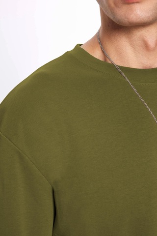 Tudors Unisex Oversize Geniş Kesim %100 Pamuk Yumuşak Dokulu Basic Bisiklet Yaka Haki Tişört-35183 Haki