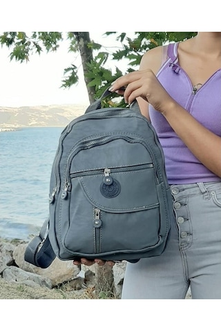 Fiyra S1 Gri Renk Krinkıl Kumaş Dört Bölmeli Bayan Sırt Çantası-Gri-Std