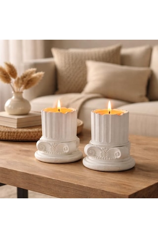 Antik Roma Sütun Tealight Mumluk Seti, Beyaz, Taş Tozu, 10 Cm, Vintage Stil, 2'li Set Diğer