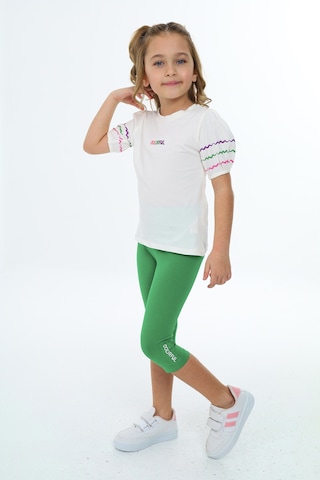 Toontoy Kids Toontoy Kız Çocuk 2'li Takım Baskılı Bisiklet Yaka Prenses Kol T-shirt & Beli Lastikli Crop Tayt Ekru