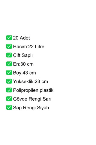 Plastik Alışveriş El Sepeti Çift Saplı 22 Litre Sarı 20 Adet / En:30 Boy:43 Yükseklik:22 Cm Sarı