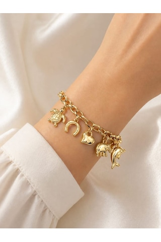Cm Jewelry Yaz Temalı Charm Bileklik Gold Deniz Figürlü Zincir Bileklik Altın