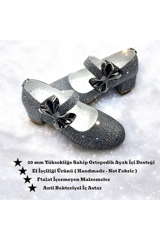 Beebron Ortopedik Topuklu Abiye Kız Çocuk Ayakkabı Shining Series Abiayk2401 Simli Antrasit Antrasit