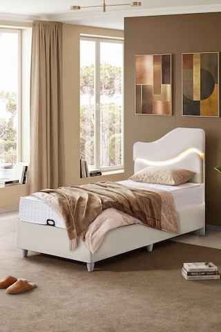 Baza Seti, Merry Ledli Tek Kişilik Baza Başlık Maxi Yatak Seti, Krem - 90 x 190 cm