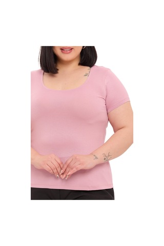 Disentis Büyük Beden U Yaka Kısa Kollu Viskon Pembe Body Pembe
