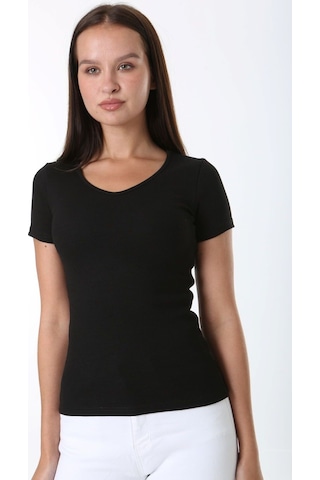 Rooted-kadın Basic V Yaka T-shirt ,fitilli Kaşkorse Kumaş Bluz SIYAH