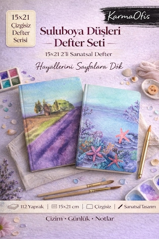 15x21 Çizgisiz Defter 2'li Set Suluboya Düşleri Serisi 112 Yp Günlük Ve Çizim Defteri