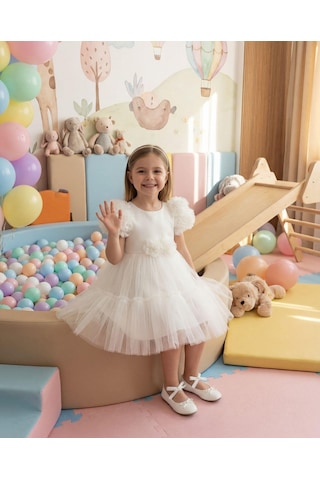 Miss Liva Kız Çocuk Çiçek Detaylı Kat Kat Tül Abiye Elbise Beyaz 2-6 Yaş Beyaz
