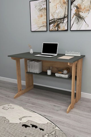 Enda Home Pillar Kütüphaneli Geniş Çalışma Masası 100x56 Cm Çam - Antrasit Çam - Gri