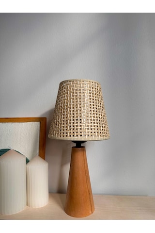 Bohem Ahşap Ayaklı Konik Abajur - Bej Bej